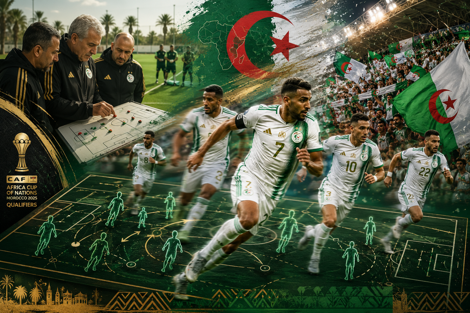 () dynamic action shot concept illustration showing Algerian football players in green and white kits in tactical formation
