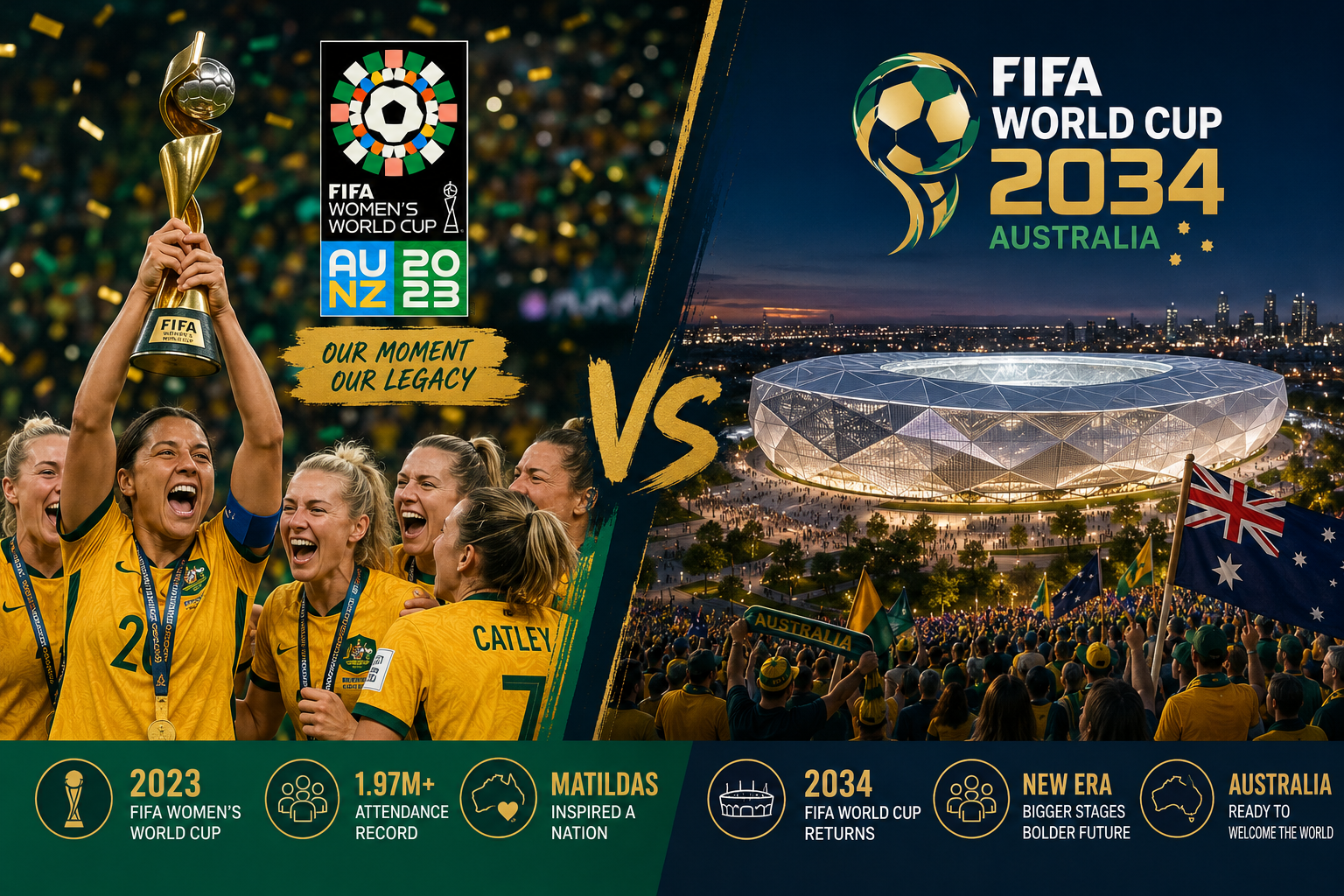 () editorial image showing a split-view comparison infographic: left side displays the FIFA Women's World Cup 2023 trophy
