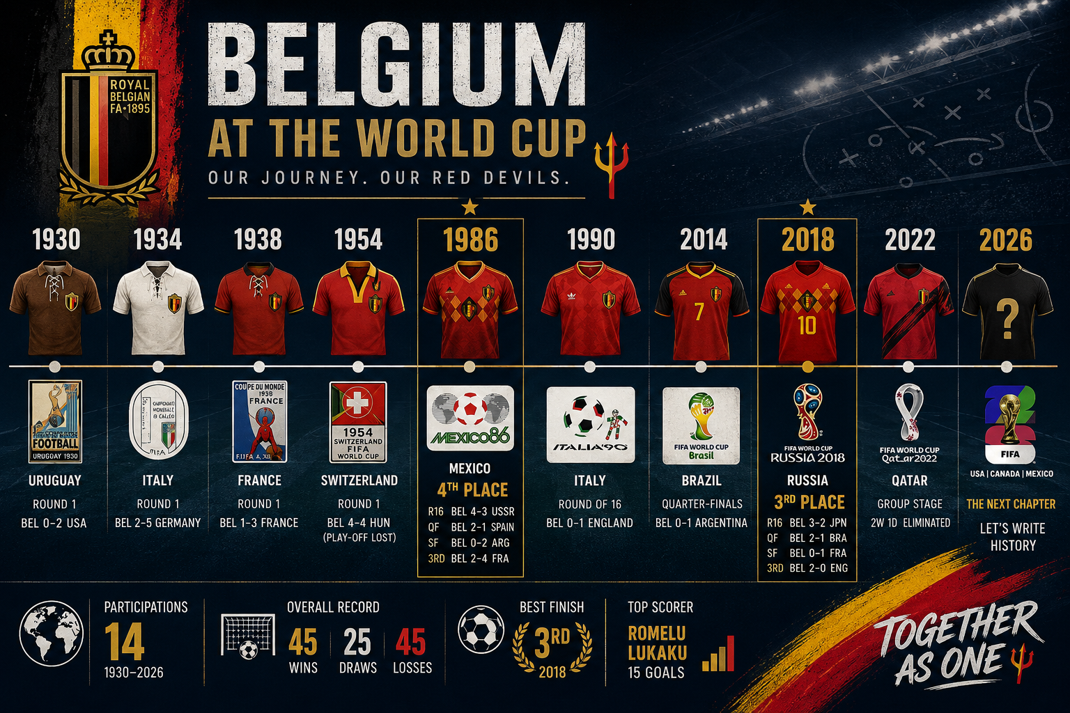 () editorial illustration showing a timeline infographic of Belgium's World Cup history from 1930 to 2026, featuring jersey