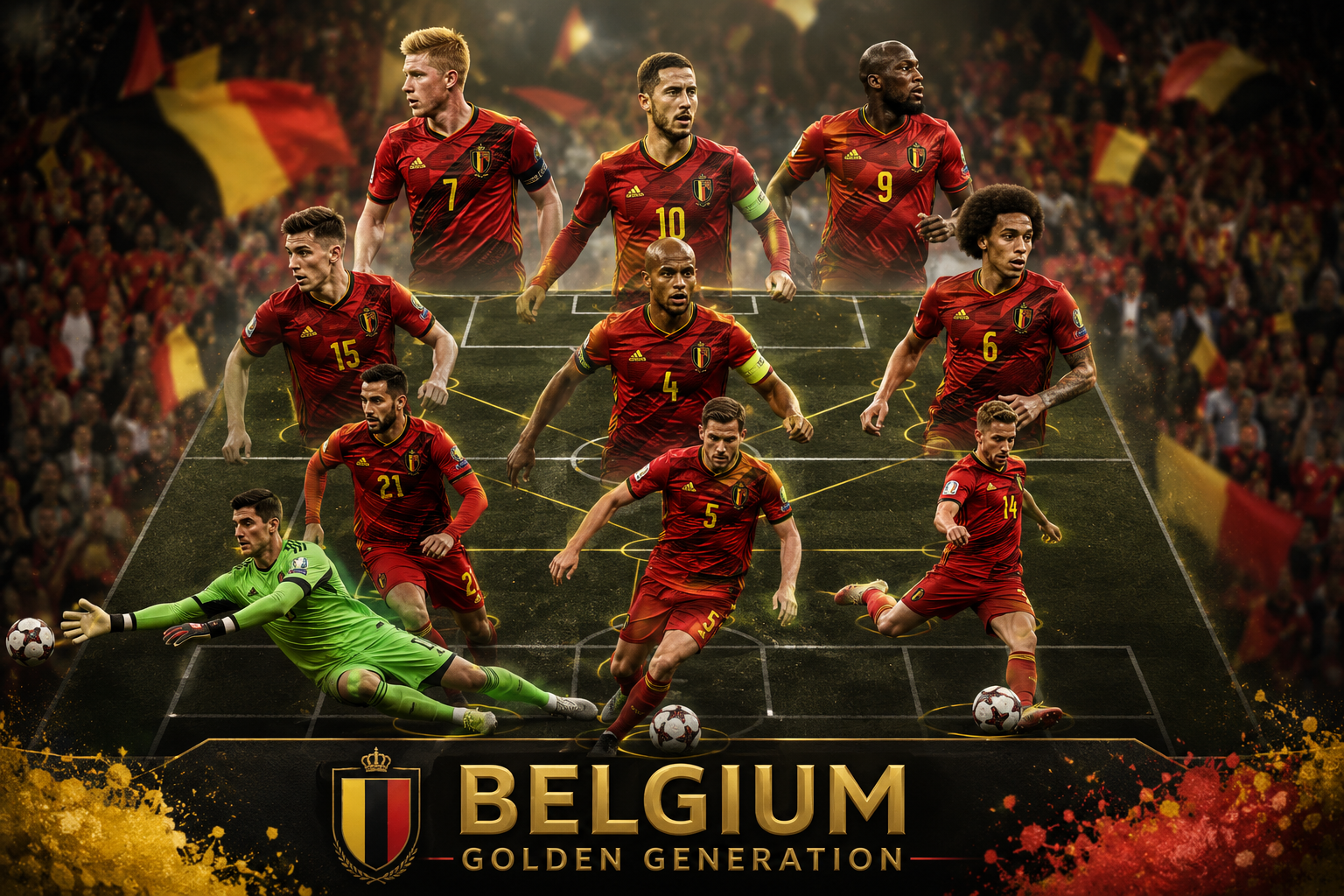 () dynamic action-style editorial image showing a mosaic of iconic Belgian football player silhouettes in mid-play poses — a