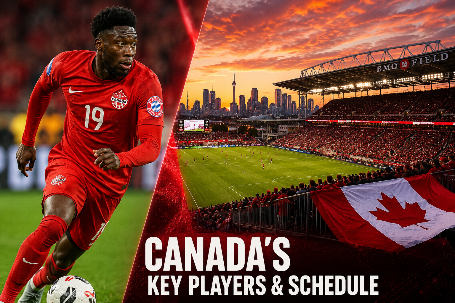 () editorial illustration showing a dynamic split-scene: left side features Alphonso Davies in Canada's red kit dribbling at