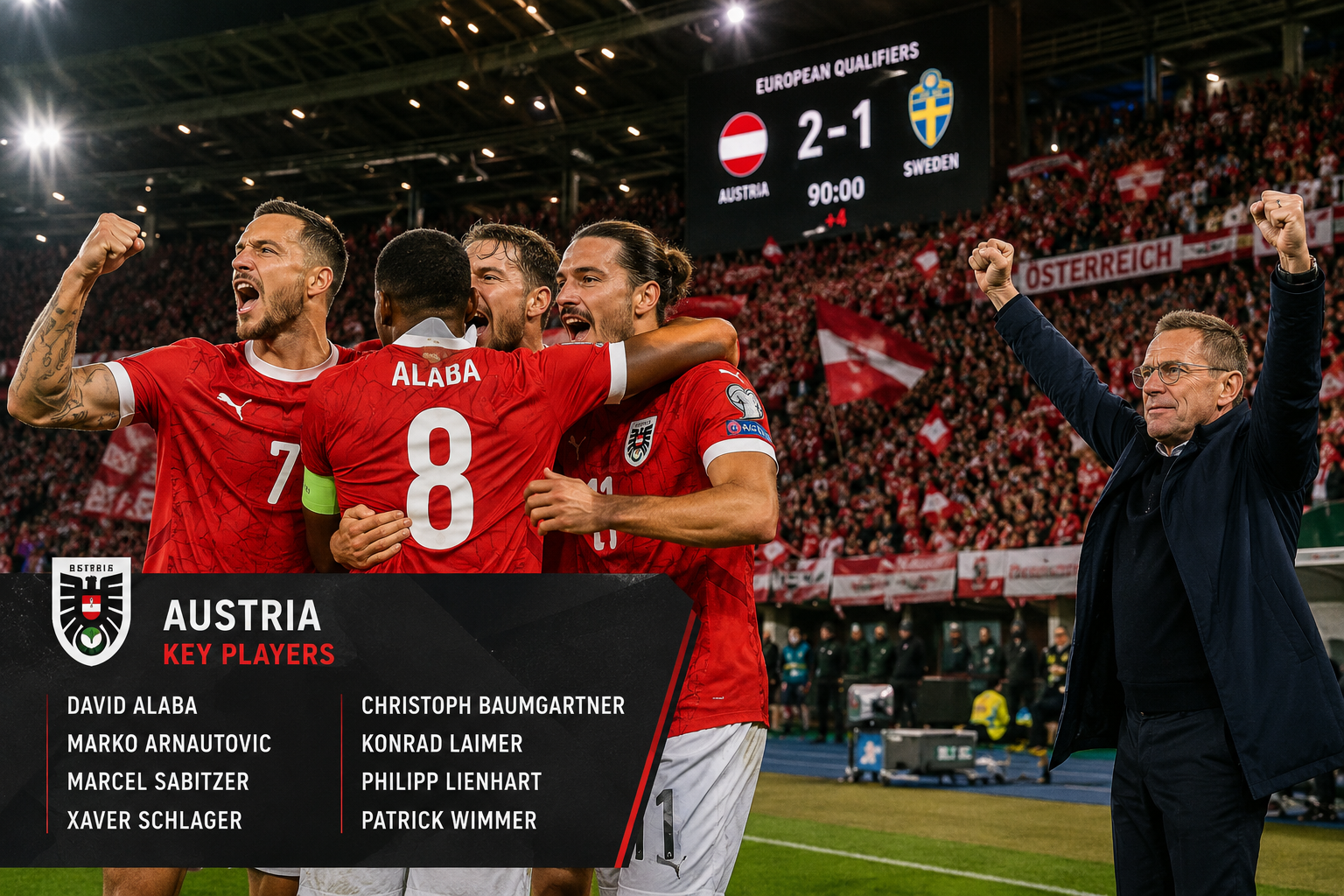 () editorial image showing Austria national football team players in red jerseys celebrating a qualifying goal, coach Ralf
