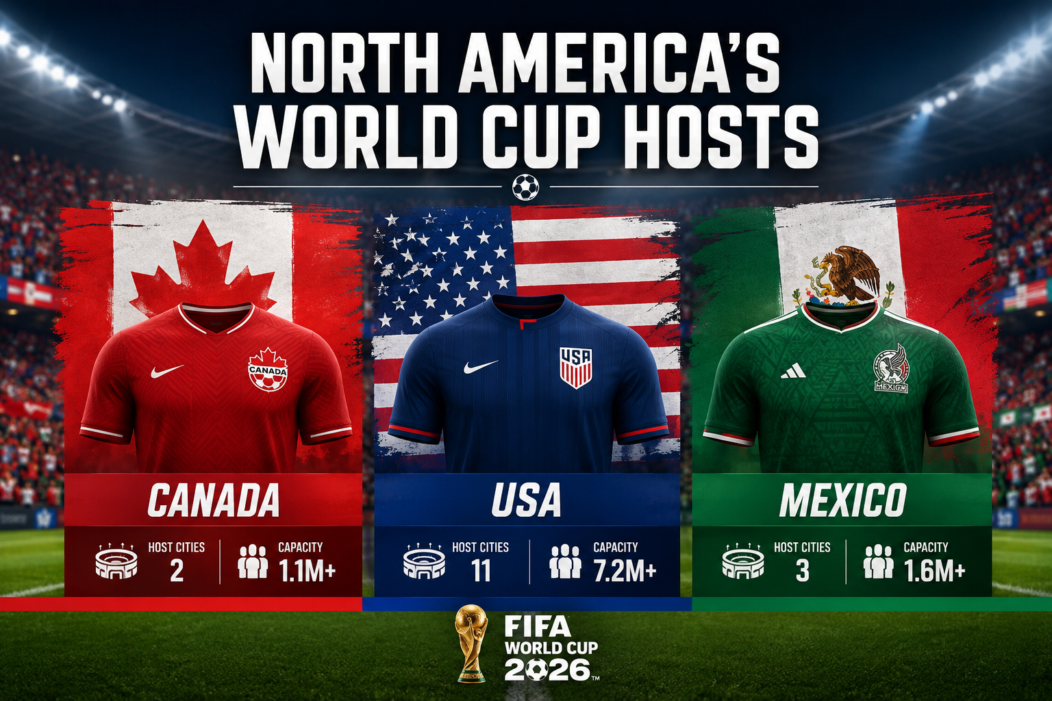 () infographic-style editorial image showing a comparison graphic of three North American national soccer teams — Canada,