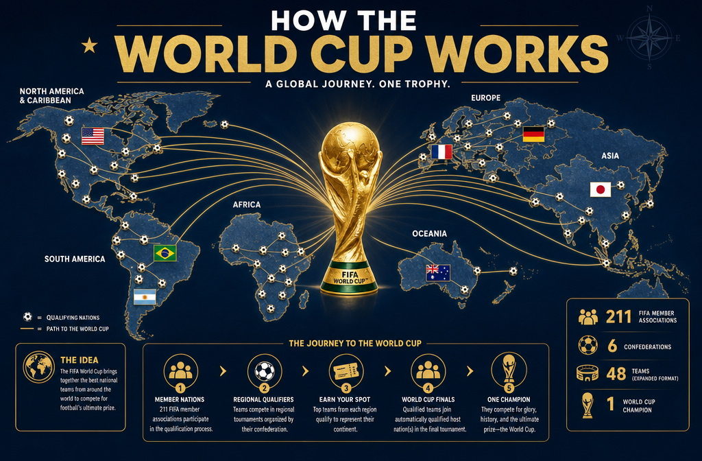 () editorial illustration showing a world map with football icons marking qualifying nations across six continents,