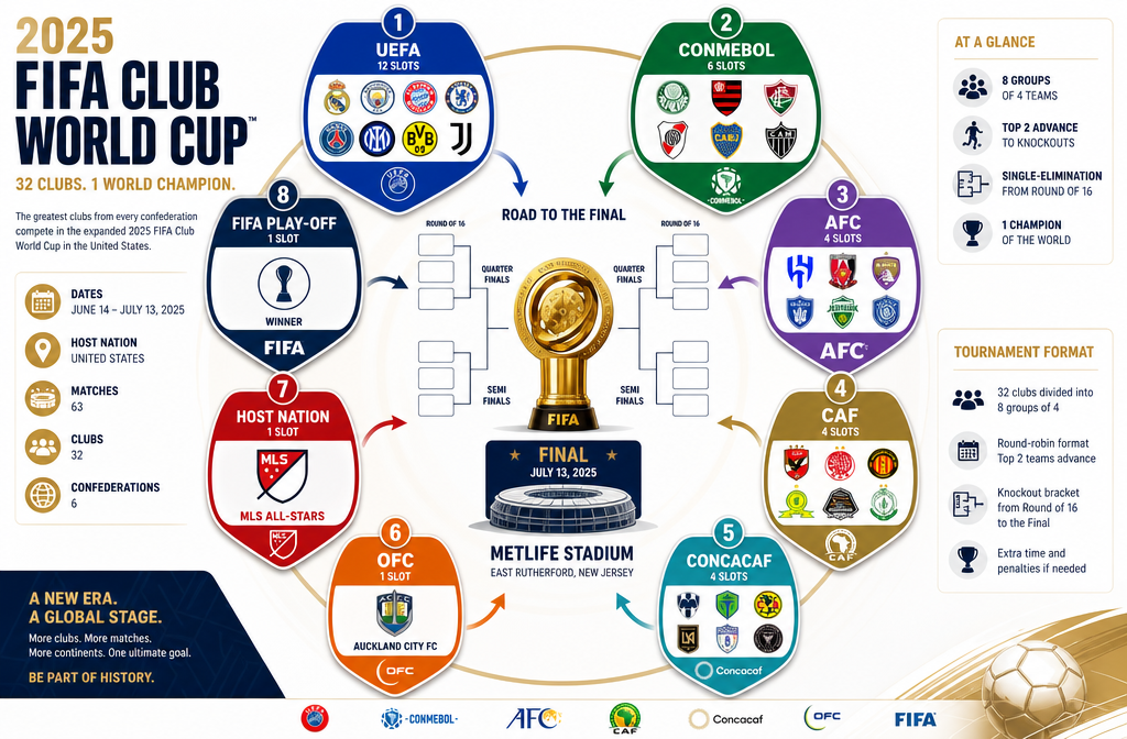 () editorial infographic showing the 2025 FIFA Club World Cup bracket structure: 8 colorful group pods arranged in a