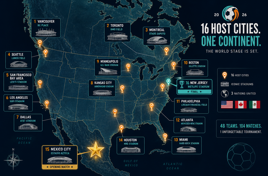 Detailed () editorial illustration showing a stylized map of North America with 16 glowing host city pins across USA,