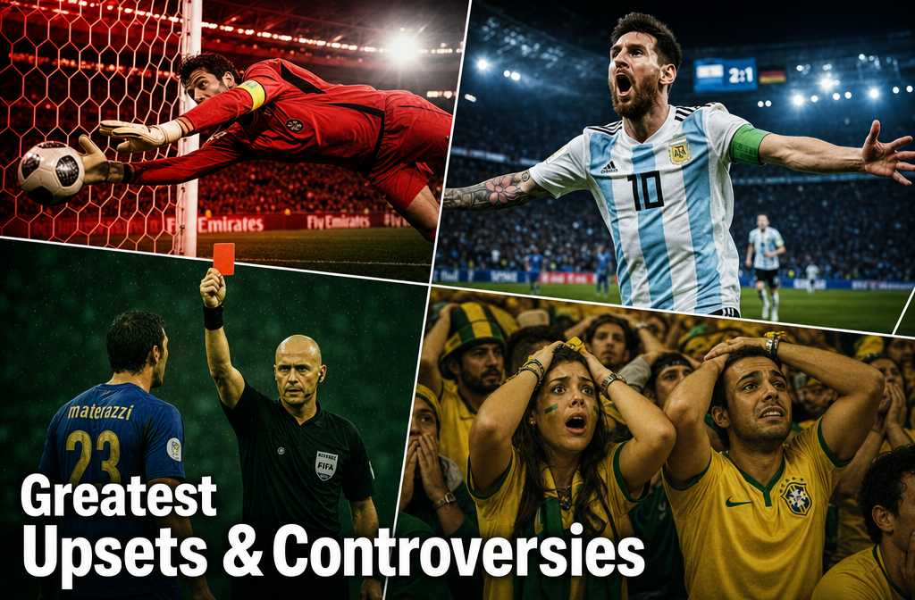 () dynamic action photograph composite showing four iconic World Cup moments: a goalkeeper diving for a penalty save, a
