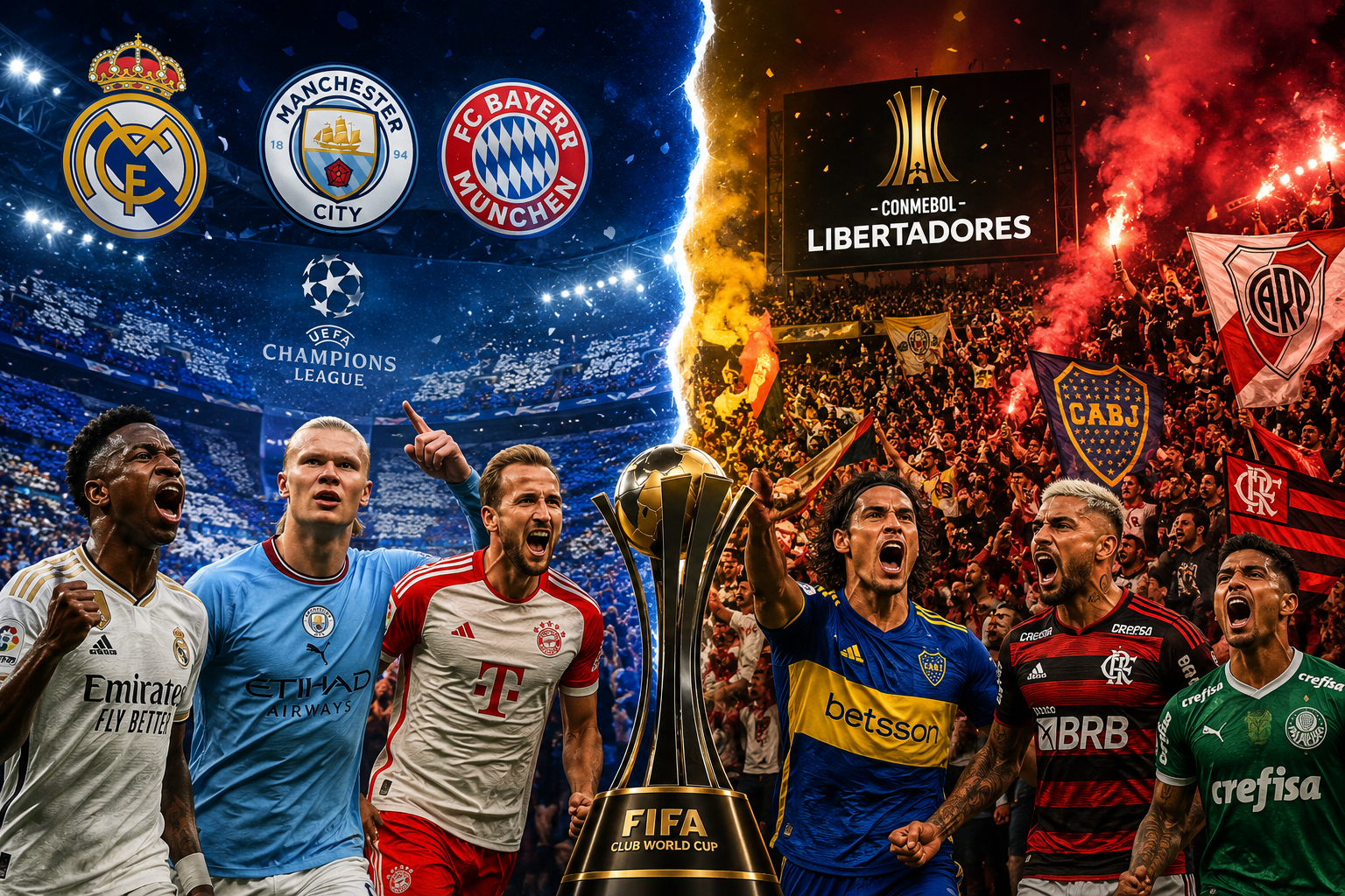 () dynamic split-screen comparison image: left side shows a packed European Champions League final with elite club crests