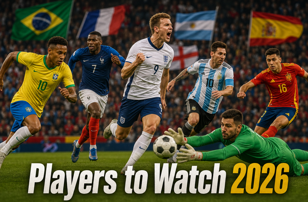 Detailed () dynamic action shot composite showing five international football stars in motion — a goalkeeper diving, a
