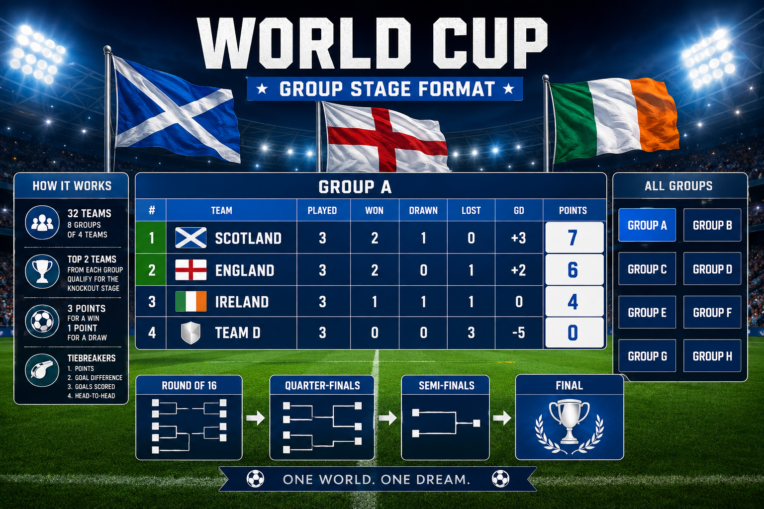 () infographic-style illustration showing a World Cup group stage bracket diagram with four teams per group, points table