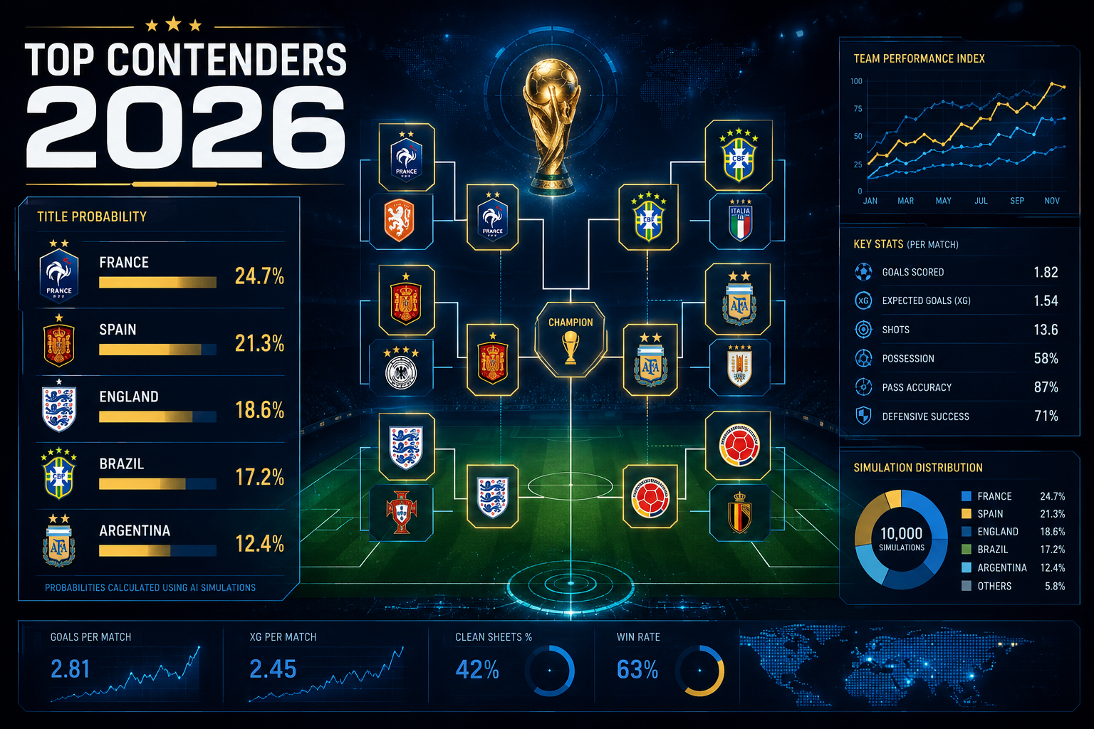 () editorial illustration showing a data analytics dashboard overlaid on a football pitch graphic. Multiple national team