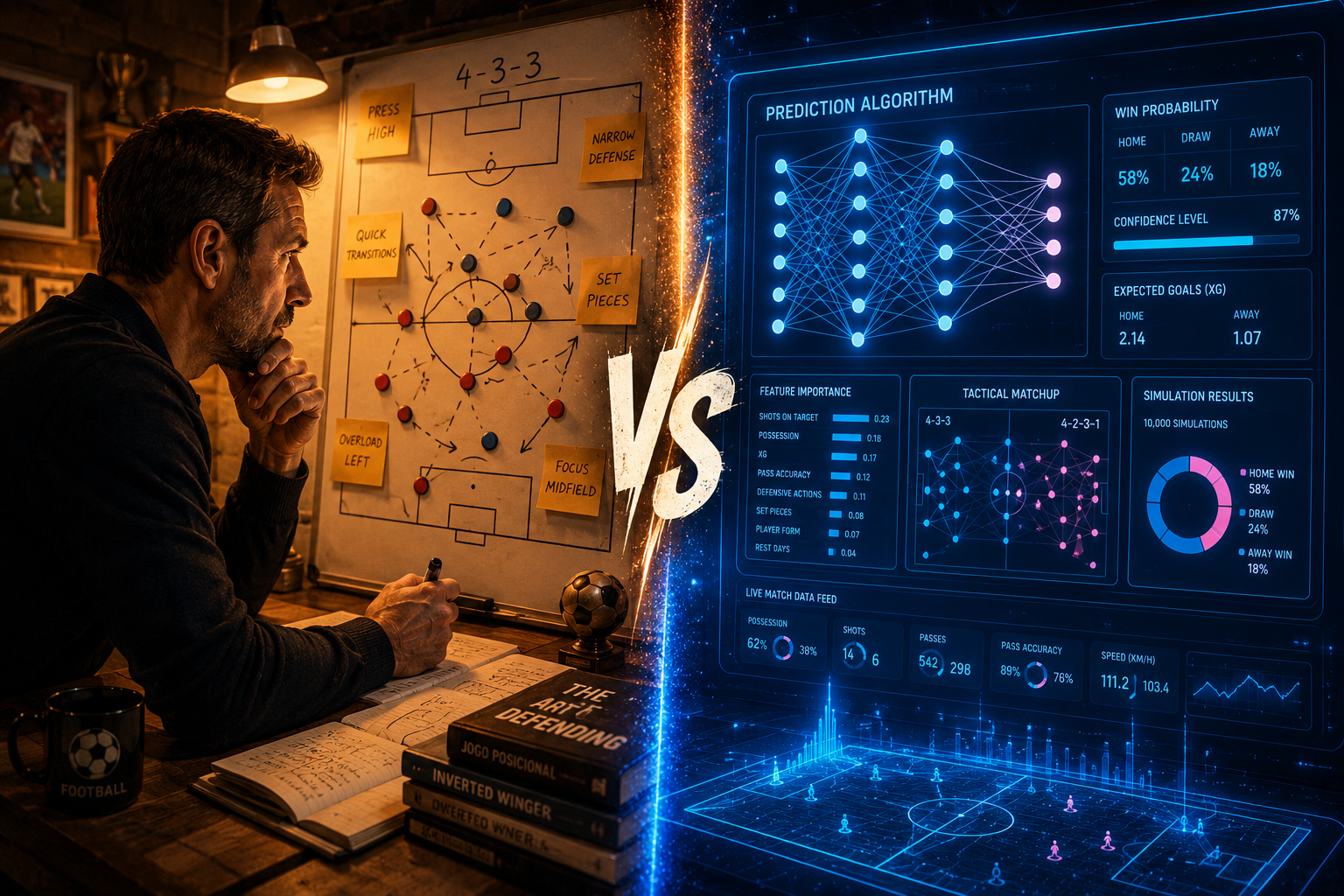 () split-composition image showing on the left side a human football analyst with tactical board covered in formation