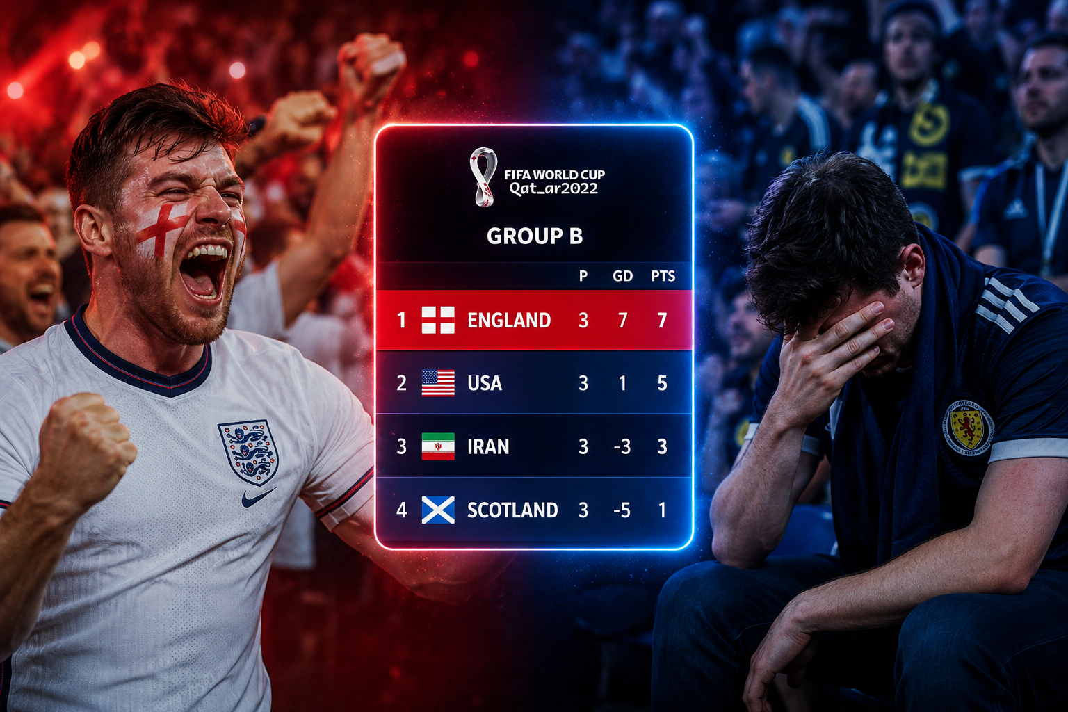 () dramatic split-scene image: left side shows a jubilant England fan in white jersey celebrating a group stage win, right