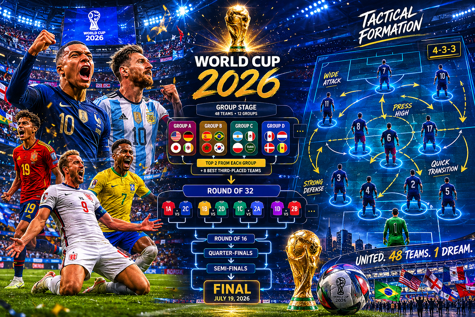 () dramatic split-screen composite image showing key World Cup 2026 group stage matchup moments: left panel shows a packed