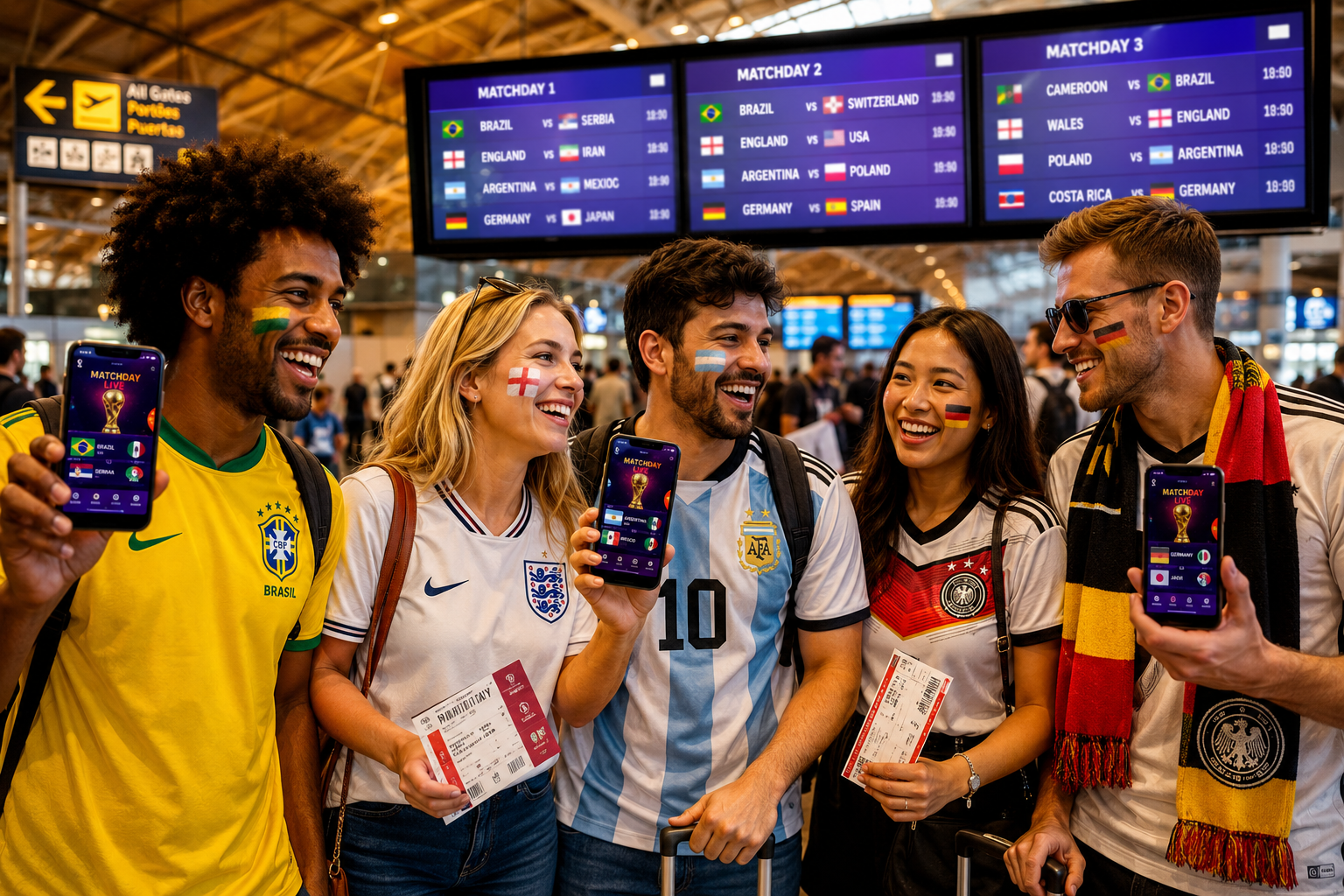 () scene showing a diverse group of football fans at an international airport departure terminal, wearing national team