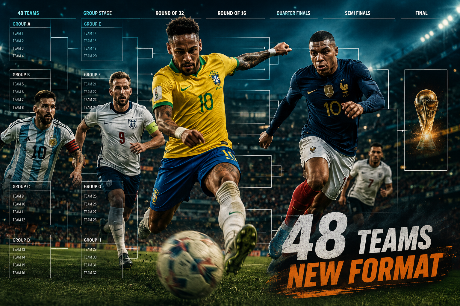 () dynamic action shot concept showing football players from diverse national teams in mid-match intensity, jerseys from