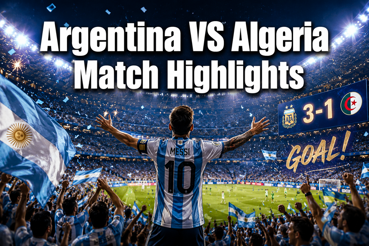 Professional () hero image with : 'Argentina VS Algeria Match Highlights' in extra large white with deep effect, centered